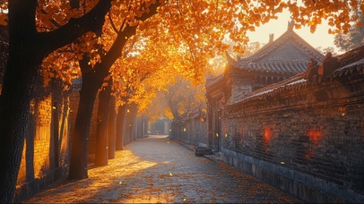 金秋静谧无人古城风景