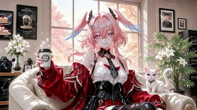 窗边粉发二次元美少女莉奈娅