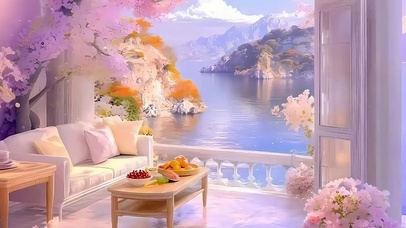 樱花树木海景带鱼屏