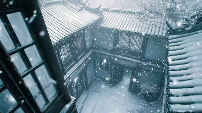 冬季大雪纷飞古朴庭院