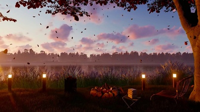 傍晚落叶湖畔篝火