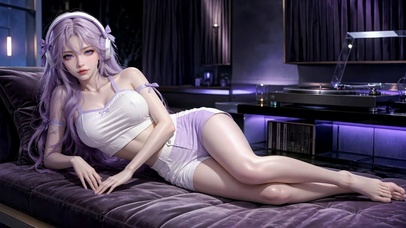 紫发耳机清纯美少女