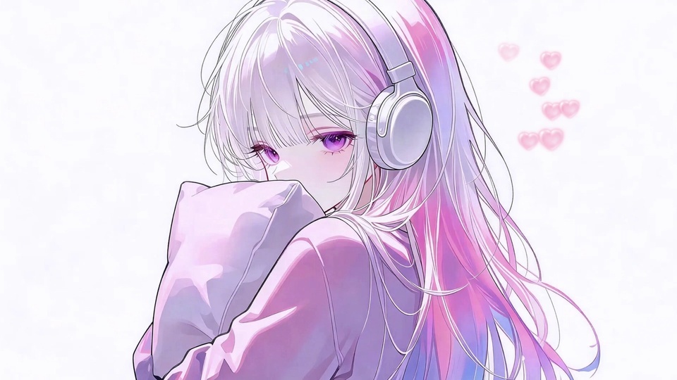 粉紫渐变长发少女戴白色耳机，怀抱着淡粉色抱枕