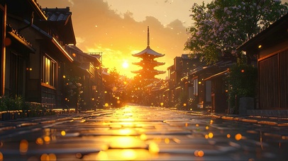 黄昏古镇落日微光街道