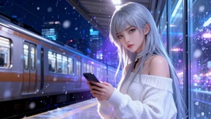 雪夜地铁站银发美少女