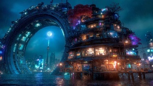 雨夜科幻海面城市