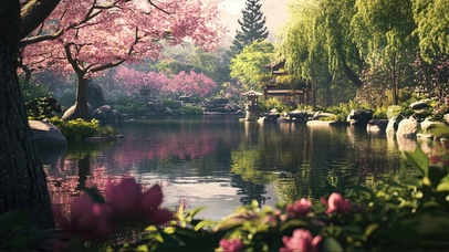 春日樱花古风公园池塘