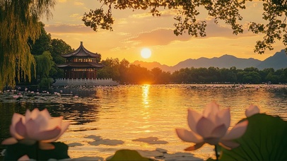夕阳黄昏莲花河畔古亭