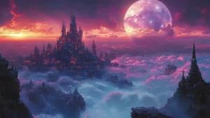 神秘云上圆月古堡黄昏