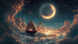 月下帆船梦幻大海夜晚