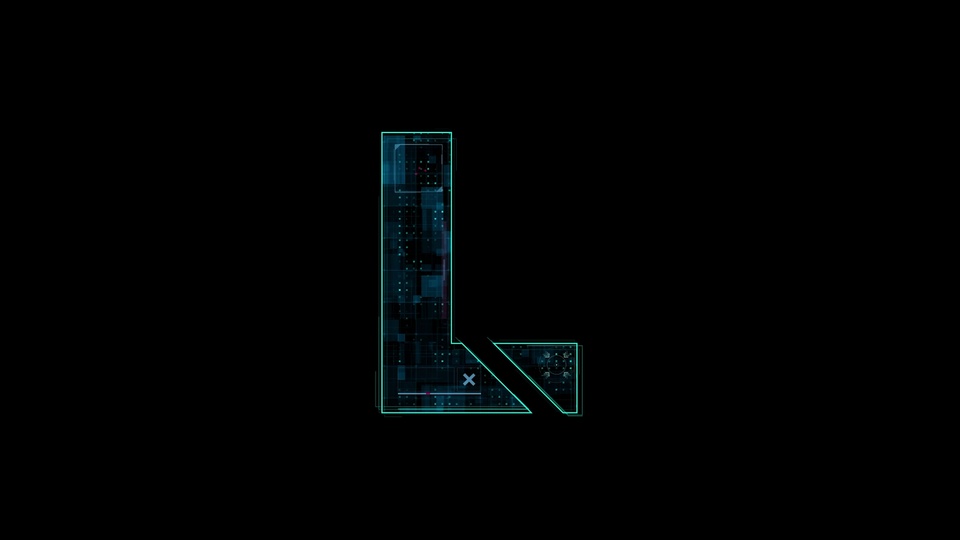 纯黑背景上的青蓝色数码网格点阵科技风大写字母L
