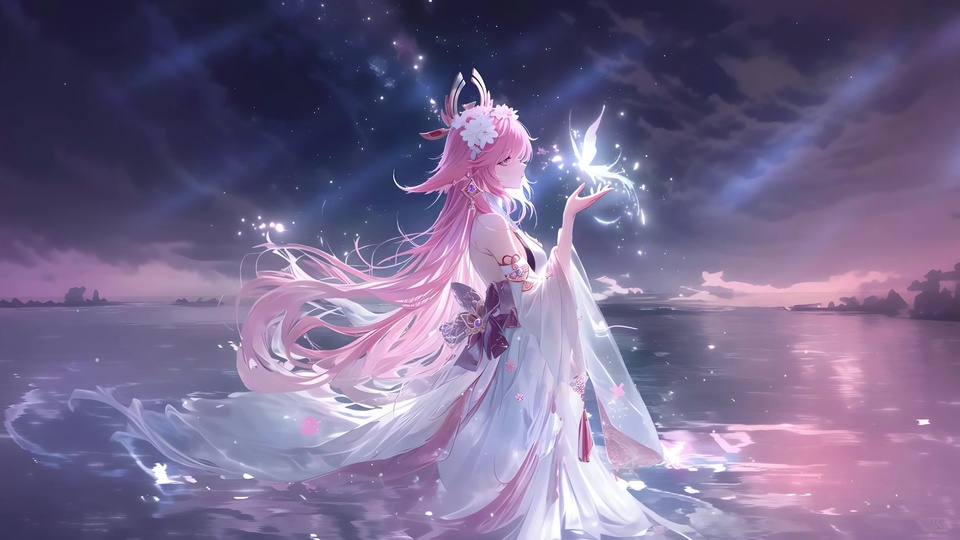 粉紫渐变的暮色星空下，原神角色八重神子立于泛着柔光的浅海水面，抬手承接一只发光的白色灵蝶。