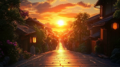 古镇落日夕阳黄昏街道