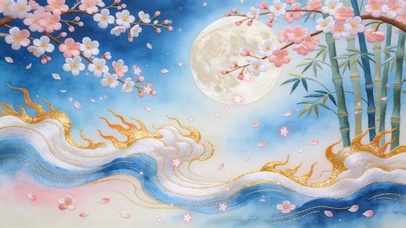 清冷蓝白桃花柔雾国风插画