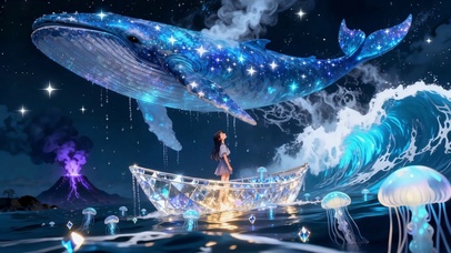 浪漫梦幻蓝色鲸鱼与水晶船的女孩