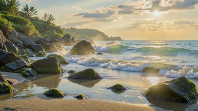 落日海滨礁石唯美海景