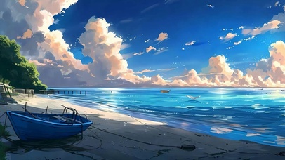 蓝天白云树木海滩