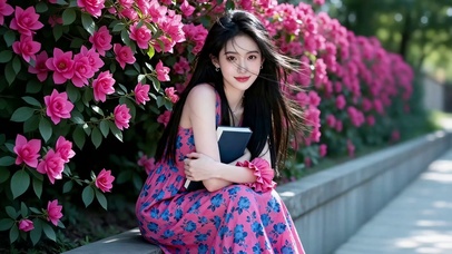 勒杜鹃花丛旁的长发美女2