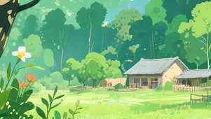 护眼绿景树木房屋带鱼屏