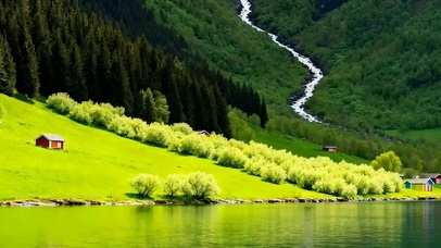 护眼绿景山川河流带鱼屏