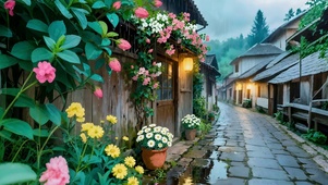 雨天的院墙鲜花