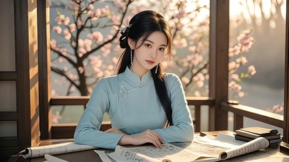 民国风长亭读书美女