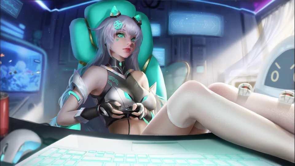 紫发科幻少女坐青绿色电竞椅上手持游戏手柄，前置发光键鼠，背景是泛蓝光的未来电竞舱。