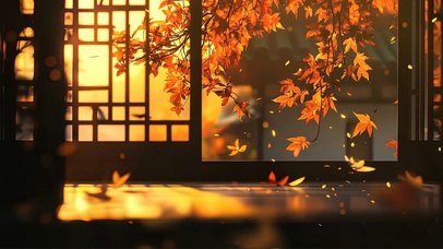 秋日园林窗外黄叶飘落