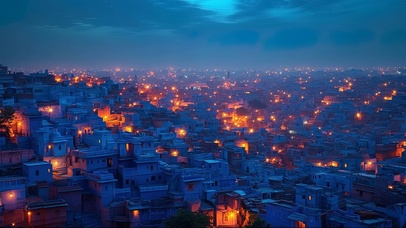 俯瞰阴天蓝色古城夜景