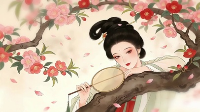 复古工笔画栖花少女