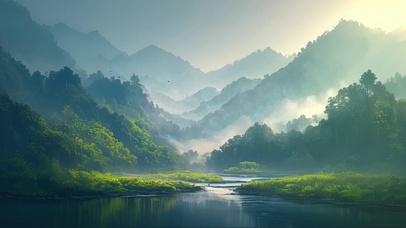 清新绿色迷雾山林湖泊