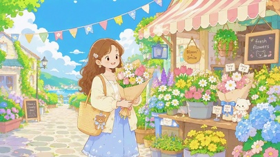 治愈街角花市捧花美少女