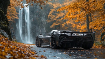 秋日山林瀑布跑车