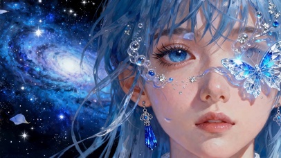 宇宙星空蓝发蝴蝶蓝瞳少女的凝视