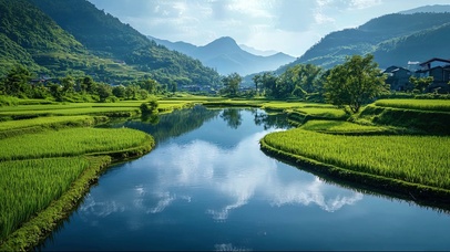 绿色护眼山脉溪流稻田