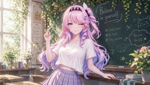 教室粉发俏皮眨眼美少女达尼娅