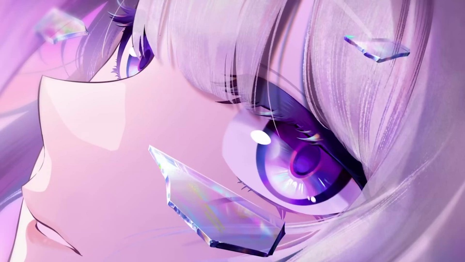 粉紫二次元少女眼部特写 悬浮幻彩透明碎晶