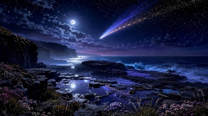 月夜海岸流星星空夜景