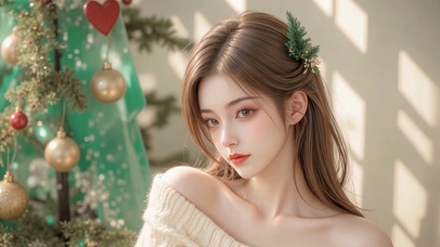圣诞树下的优雅女孩