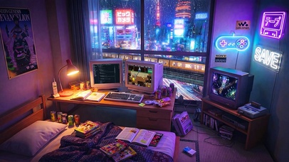 雨夜城市霓虹游戏房间