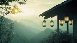 竹林云雾黄昏古亭光影