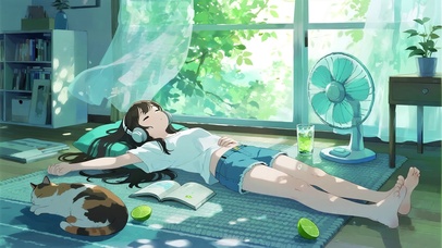 治愈动画  夏日午睡的少女与猫