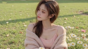 郊外草地真人写实美女