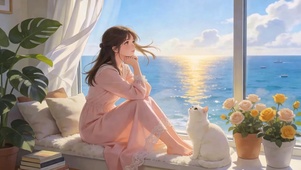 窗外海边女孩与萌宠