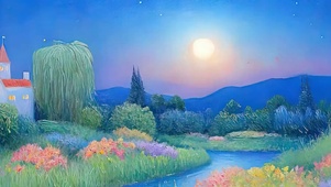 护眼夜景树木河流带鱼屏