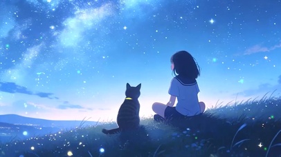 夜景女孩与猫咪坐在草地上带鱼屏