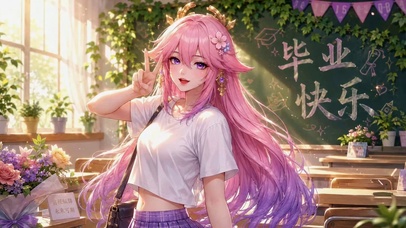 毕业季粉发二次元美少女