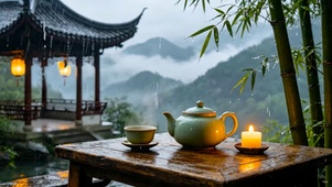 国风山顶亭子雨景