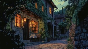傍晚温馨暖光街道小屋