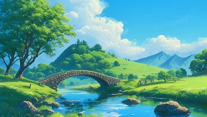 湖边小桥风景插画